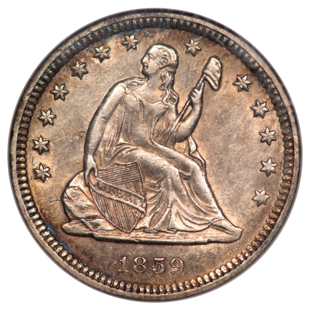 1859-O No Motto Seated Liberty Quarter 25C NGC AU58