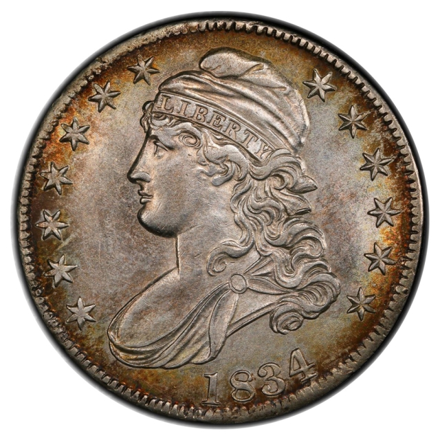 1834 O-105 50C Large Date, Small Letters Capped Bust Half Dollar PCGS AU58
