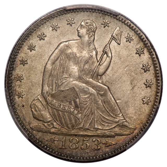 1853 50C Arrows and Rays Liberty Seated Half Dollar PCGS AU58 (CAC)