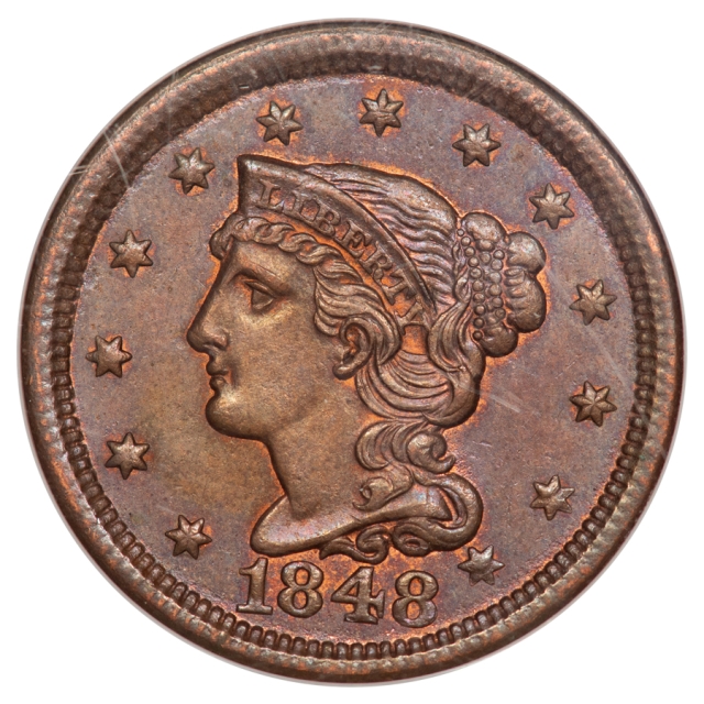 1848 Coronet, Braided Hair Cent N-17 1C NGC MS64BN