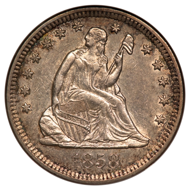 1858-O No Motto Seated Liberty Quarter 25C NGC AU58