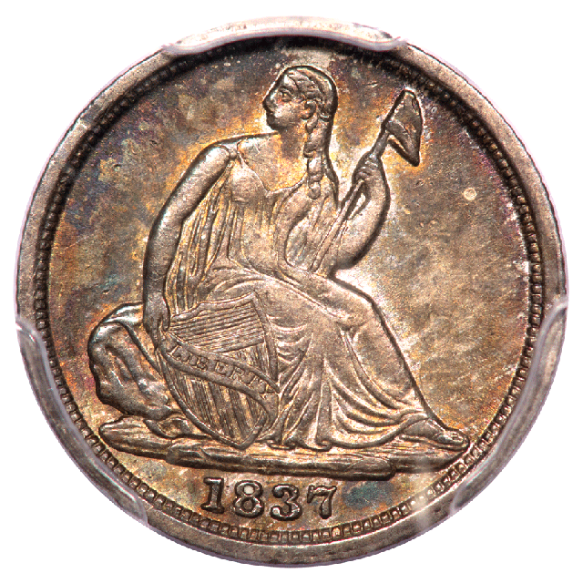 1837 H10C No Stars, Small Date Liberty Seated Half Dime PCGS AU58 (CAC)