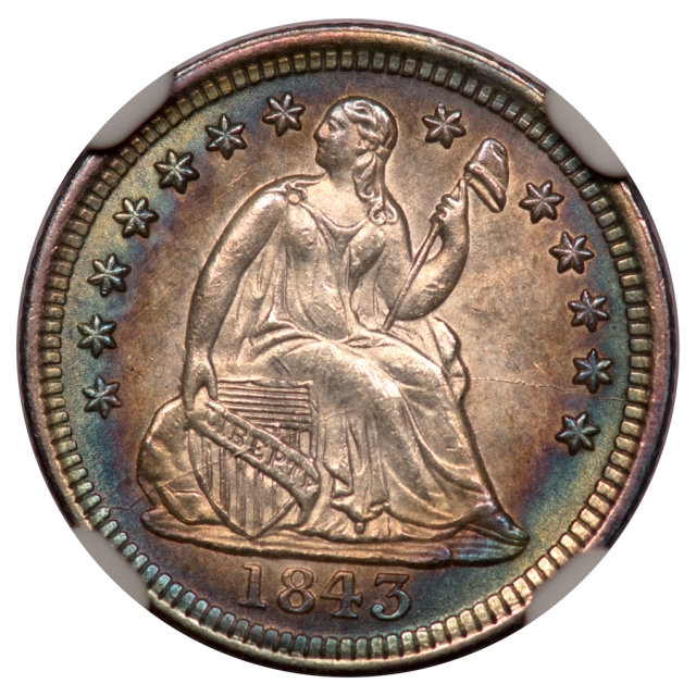 1843 Seated Half Dime, Stars Obverse H10C NGC MS63+ (CAC)