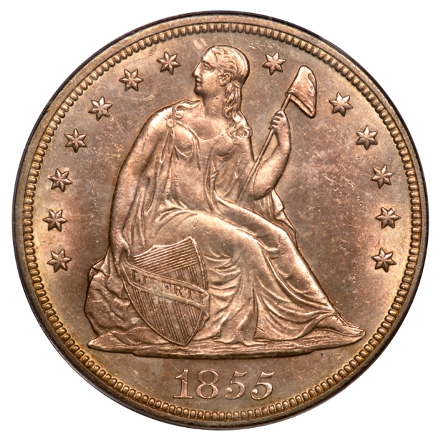 1855 $1 Liberty Seated Dollar PCGS (CAC) MS63